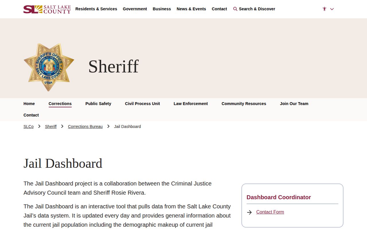 Salt Lake County jail booking dashboard and custody records
