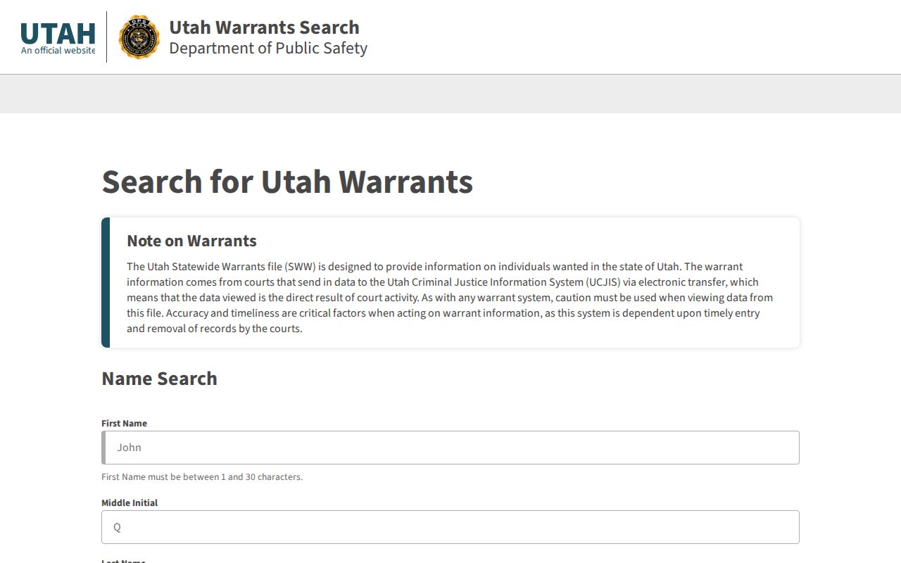 Salt Lake County statewide warrant-search record interface
